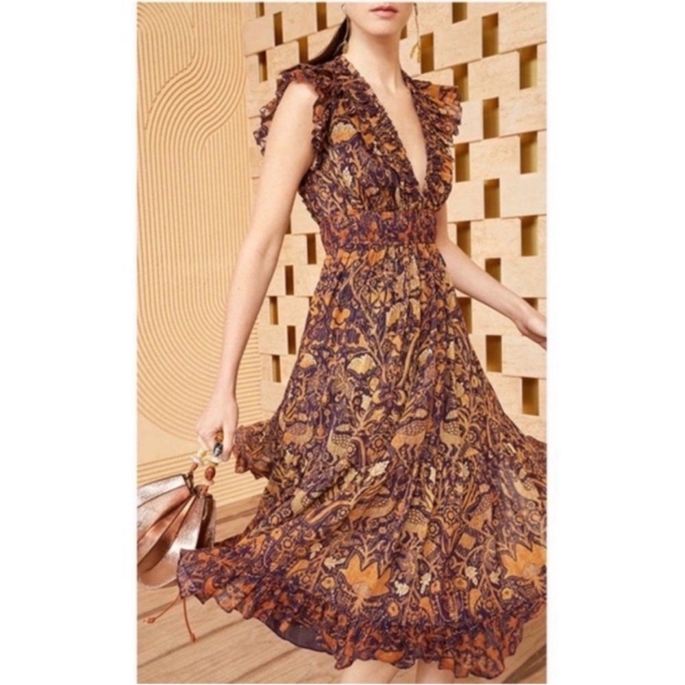 Ulla Johnson Samara Dress Size 6 Celestial Floral Printed Midi Boho Metallic